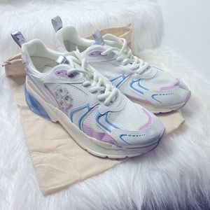 NWOB Tory Burch Good Luck Trainer Sneakers Ivory Rain Blue Winsome Orchard 10.5